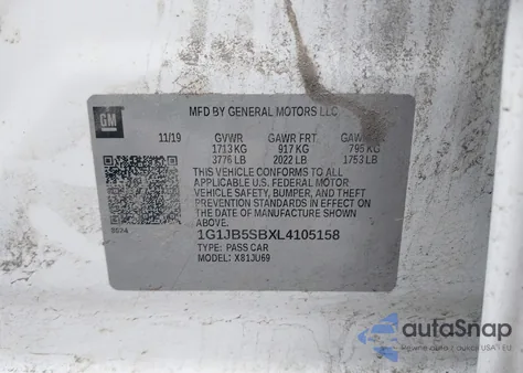 2020 Chevrolet Sonic Fwd Ls z USA, uszkodzony, nr VIN 1G1JB5SBXL4105158